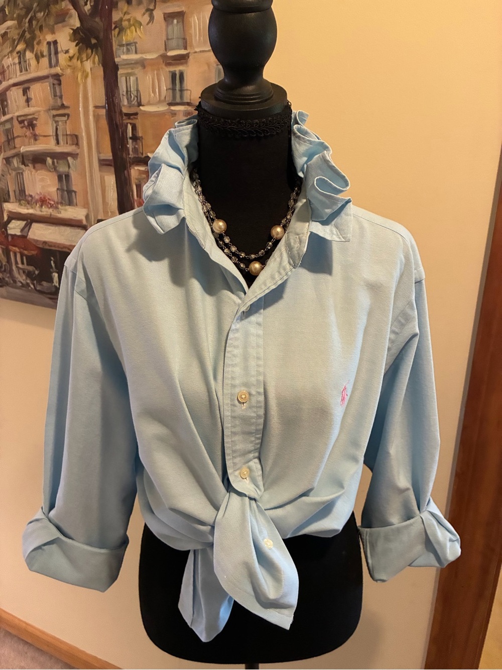Ralph Lauren Pale Blue Ruffle Collar Tie-Front Button Down Shirt